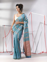 Sky Blue Cotton Saree With Stripes Design-MA55CT06530012