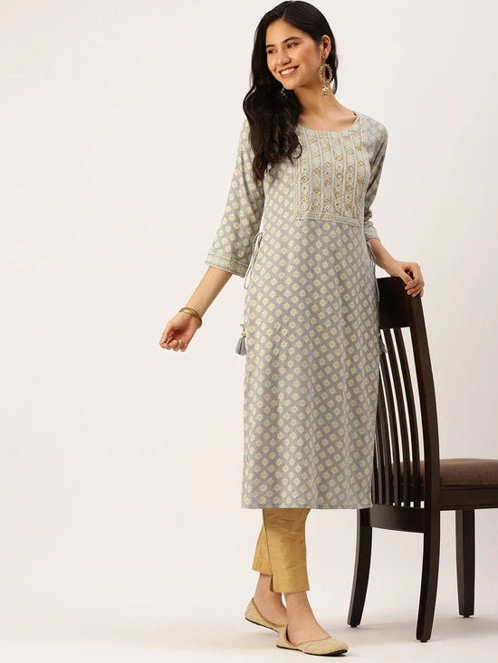 Women's Grey Printed Straight Kurtas-AT-A250-K-Grey