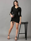 Women's Black Solid Wrap Dress-SRA-1335-Black