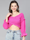 Women Solid Pink Smocked Off -Shoulder Polyester Top-S23048WBL004