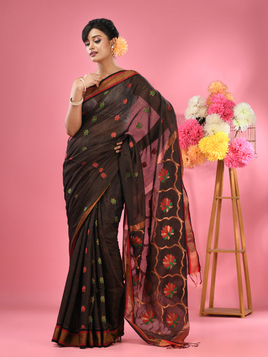 Black Cotton Blend Handwoven Saree With Zari Border-MA51BCT431600005