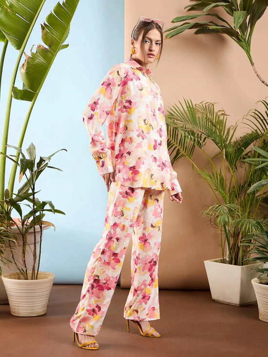 Women Pink Floral Oversize Shirt With Straight Pants