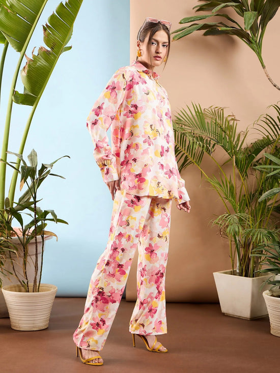 Women Pink Floral Oversize Shirt With Straight Pants