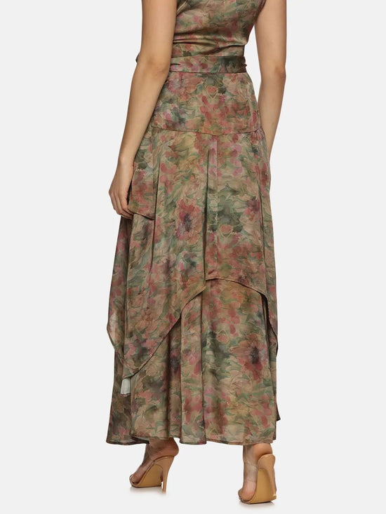 Floral Brown Asymmetrical Flare Maxi Skirt-17355