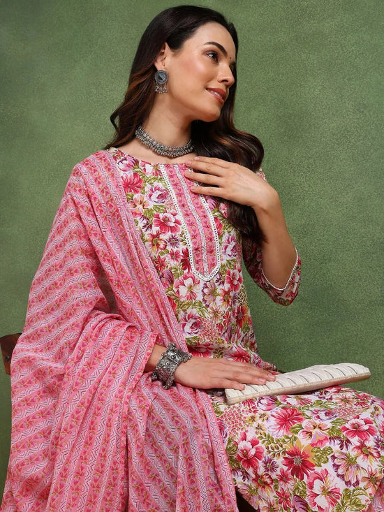 Ahika Women Pink Pure Cotton Floral Printed Straight Kurta Trouser With Dupatta-JPSKD1023PNK_M