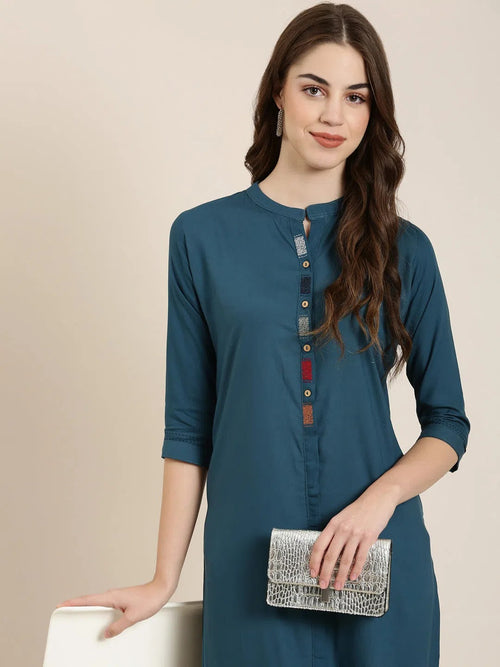 Women Teal Solid Straight Kurta-DF-9947-Teal