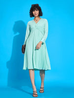 Women Sea Green Twisted Pleated Skater Dress