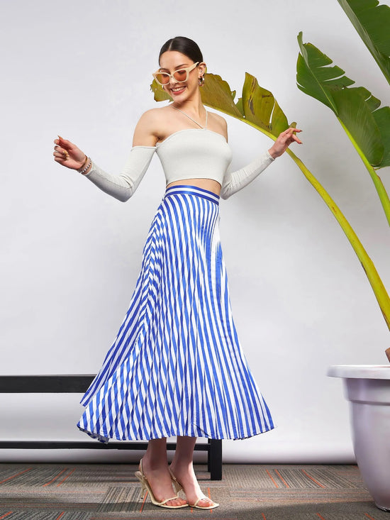 Women Blue & White Satin Striped Accordion Pleated Maxi Skirt