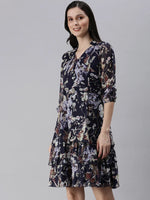 Women Navy Blue Printed Fit and Flare Dress-DW-1244-Navyblue