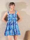 Women Blue Brushstroke Printed Belted Short Dress