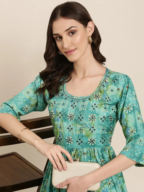 Women Teal Floral Kurta Set-SKC-1209-Teal