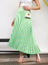 Women Green & White Satin Striped Accordion Pleated Maxi Skirt