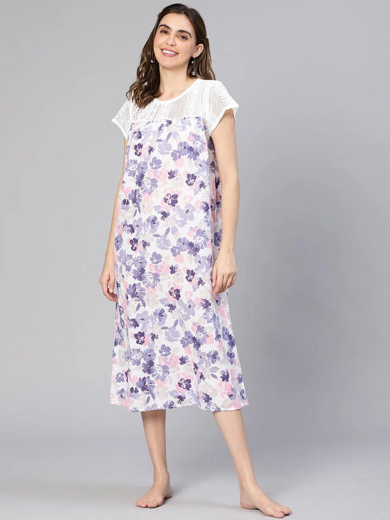 Sheer Multicolor Floral Print Laced Women Cotton Nightwear Dress