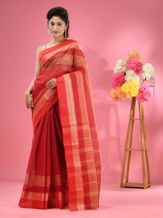 Red Pure Cotton Tant Saree With Temple Border-MA51TT43430061