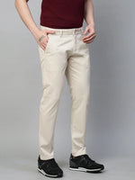 Genips Men's Light Cream Cotton Stretch Caribbean Slim Fit Solid Trousers