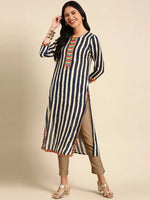 Women's Navy Blue Striped Straight Kurta-GW-938-Navyblue