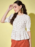 White Printed Frill Top