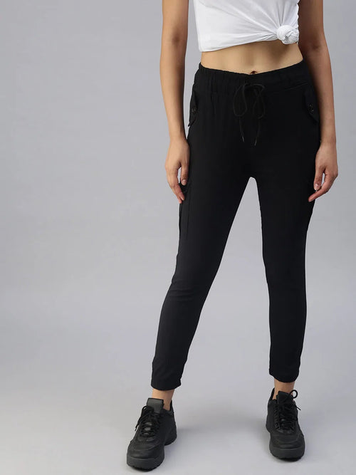 Women's Black Solid Joggers Track Pant-AN-9015-Black