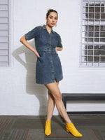 Women Blue Blast Denim Front Button Mini Dress