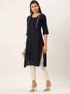 Women's Navy Blue Solid Straight Kurta-DF-1198-Navyblue