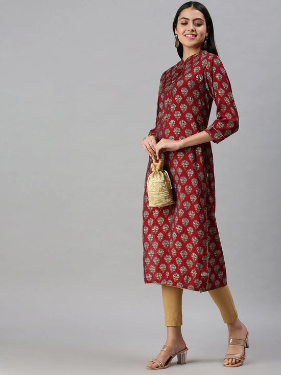 Women's Red Printed Straight Kurta-BCCK755-Maroon