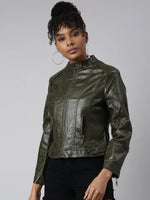 Women Solid Olive Biker Jacket-1801-Olive