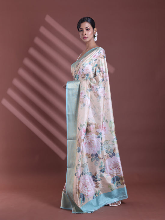 Cream Floral Print Silk Soft Saree With Zari Border-MA60BSL01770014