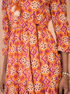 Women Orange Ikat Neck Gathered Belted Midi Dress