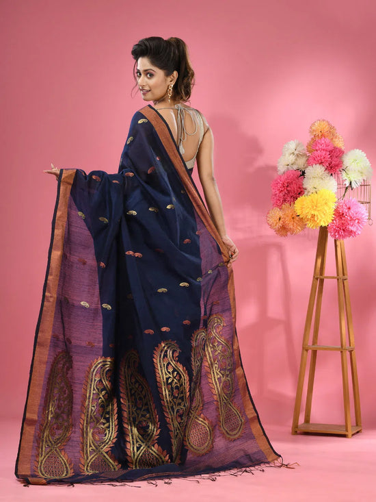 Navy Blue Cotton Blend Handwoven Saree With Paisley Motifs-MA51BCT431270023