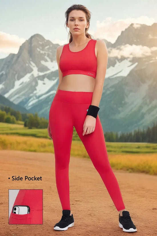 Clovia High Rise Active Tights in Red with Side Pocket