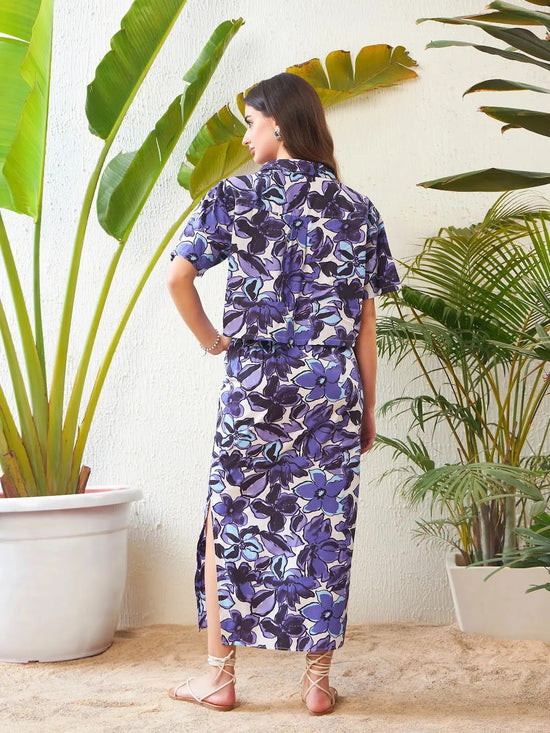 Women Purple Floral Crop Shirt With Side Ruched Maxi Skirt