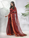 Maroon Linen Saree With Sequined Work In Stripes-MA56LN331160038