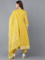 Ahika Women Yellow Rayon Embroidered Anarkali Kurta Pant Set With Dupatta