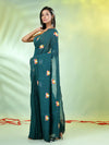 All Over Thread Embroidery Teal Green Cotton Handspun Saree-MA62CH33660055