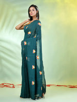 All Over Thread Embroidery Teal Green Cotton Handspun Saree-MA62CH33660055