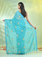 All Over Thread Embroidery Sea Green Cotton Handspun Saree-MA62CH33660048