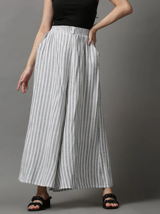 Women's White Striped Culotte-AE-10424-2-White