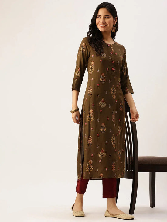 Women's Green Printed Straight Kurtas-GW-2449-Olive