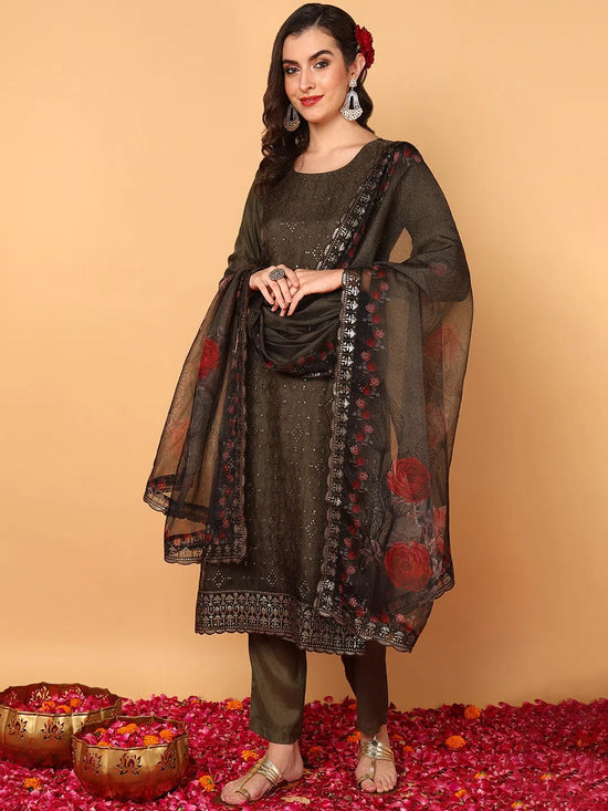 Ahika Women Olive Organza Floral Embroidered Straight Kurta Trouser With Dupatta