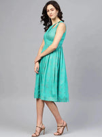 Printed Midi Dress with asymmetric overlap neck in Mint Blue