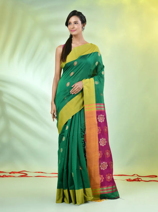 Green Cotton Saree With Ethnic Motifs-MA66BCT431050057