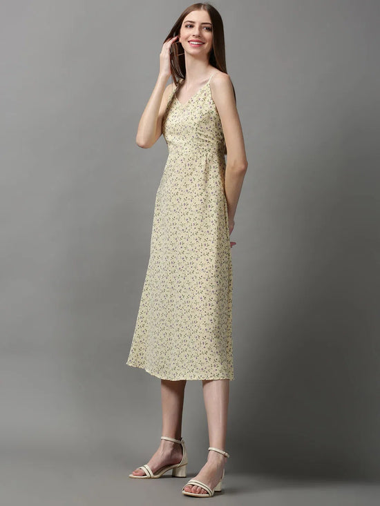 Women's Cream Printed A-Line Dress-AE-15056-Cream