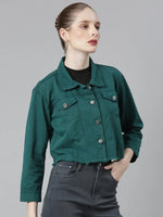 Women Teal Solid Denim Jacket-AE-0001-Teal