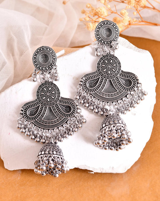 Silver plated Oxidized Contemporary Jhumka Earrings-VOJ374