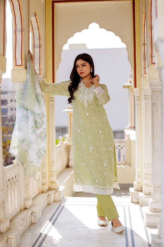 Vaasva Women Pista Green Linen Printed Kurta, Pant & Dupatta set