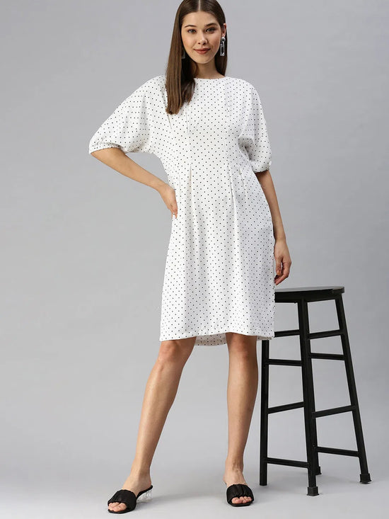 Women White Printed A-Line Dress-AE-9894-Whiteblack