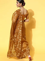 Mitera Women's Organza Brown Embroidered Celebrity Saree With Blouse Piece-2NAVYA2012