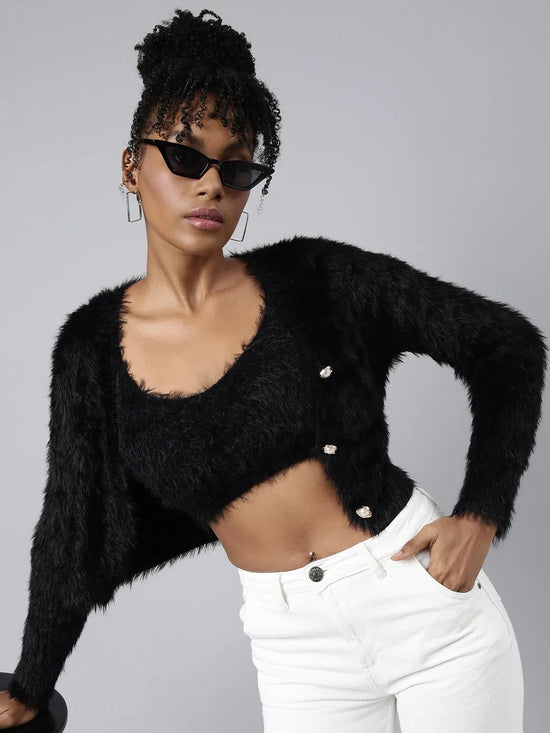 Women Solid Black Crop Cardigan-CHN-6063-Black