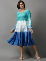 Women's Blue Tie Dye Fit and Flare Dress-ON-582-Turquoiseblue