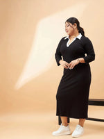 Women Black Rib Contrast Collar Midi Dress-SFDRSS11948XXL